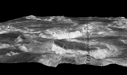 PIA00096: Three-dimensional perspective views of Venusian Terrains composed of reduced resolution left-looking synthetic-aperture radar images merged with altimetry data from the Magellan spacecraft.