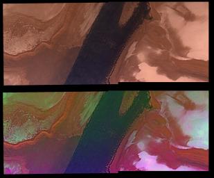 PIA00152: North Polar Cap Margin (natural color (top) and enhanced color (bottom))