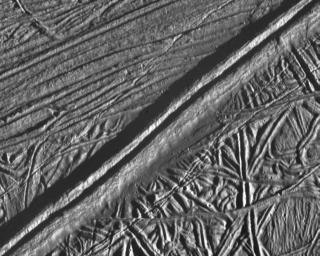 PIA00589: Mosaic of Europa's Ridges, Craters