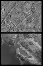 PIA00596: Close-up of Europa's Trailing Hemisphere and similar scales on Earth