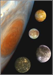PIA00600: Family Portrait of Jupiter's Great Red Spot and the Galilean Satellites