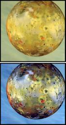 PIA01064: Global View of Io (Natural and False/Enhanced Color)