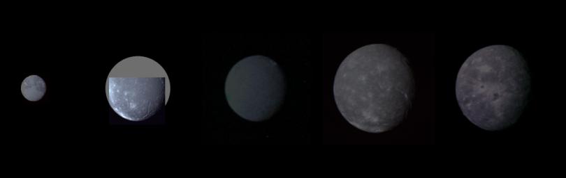 PIA01361: Uranus - Montage of Uranus' Five Largest Satellites