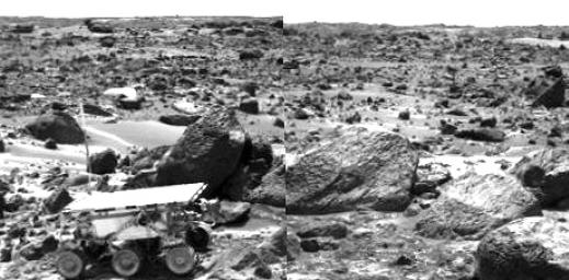 PIA01569: Sojourner Rover Leaving the "Rock Garden" - Right Eye