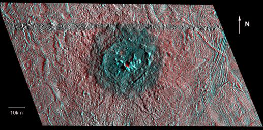 PIA01665: Red-Blue Three Dimensional View of Pwyll crater