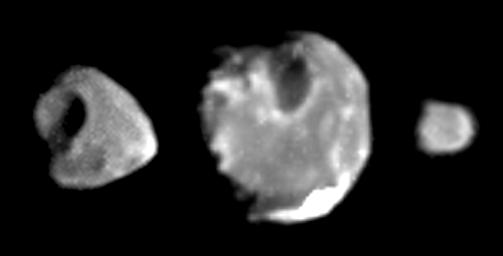 PIA02531: Best images yet of Thebe, Amalthea and Metis