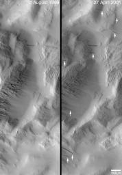 PIA03226: Changes Over a Martian Year -- New Dark Slope Streaks in Lycus Sucli