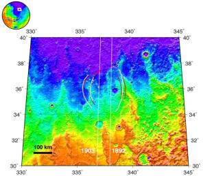 PIA03237: Topographic Map of Chryse Planitia with Location of Possible Buried Basin