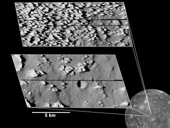 PIA03455: Callisto Close-up with Jagged Hills