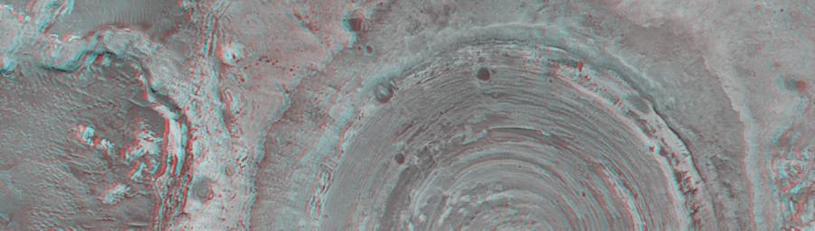 PIA03915: Partially-Exhumed Crater in Northern Terra Meridiani: Stereo Anaglyph of overlapping coverage in M04-01289 and E17-01676