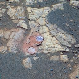 PIA04195: Opportunity Examines Cracks and Coatings on Mars Rocks