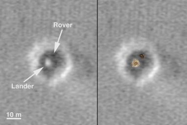 PIA05265: Comparison of a Computer Graphic Model of the Opportunity Lander and Rover with MOC Orbital Image