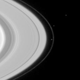 PIA05393: Pandora and Prometheus Near F Ring