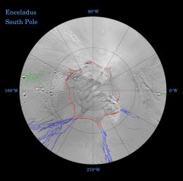 PIA07722: Enceladus: Global Patterns of Fracture (Southern Polar Projection)