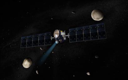 PIA12033: Dawn Spacecraft with Vesta and Ceres (Artist's Concept)