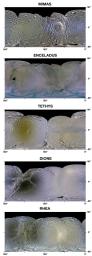 PIA13423: Enhanced-Color Maps of Saturn Inner Moons