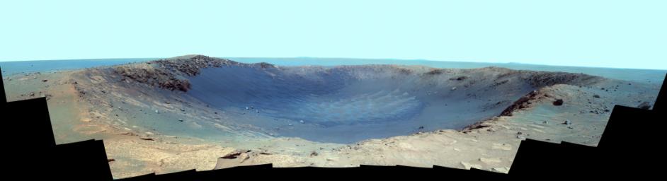 PIA13795: Panorama of 'Santa Maria' Crater for Opportunity's Anniversary (False Color)