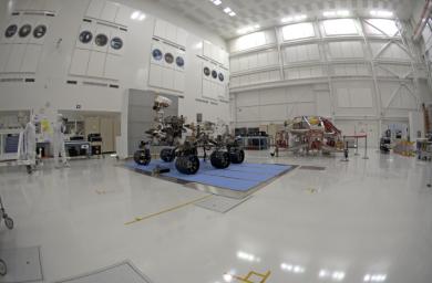 PIA15088: Stereo (Left) Fish-eye View of NASA's Curiosity Rover and its Powered Descent Vehicle