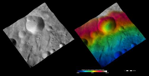 PIA15197: Topography and Albedo Image of Urbinia Crater