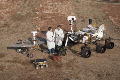 PIA15279: Three Generations of Rovers with Standing Engineers