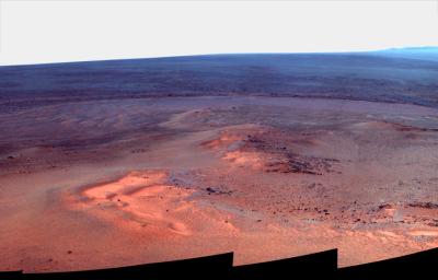 PIA15282: Opportunity's Eighth Anniversary View From 'Greeley Haven' (False Color)