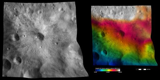 PIA15454: Apparent Brightness and Topography Images of Vibidia Crater
