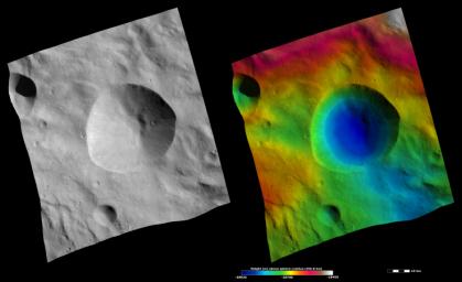PIA15488: Apparent Brightness and Topography Images of Tarpeia Crater