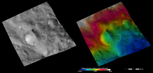 PIA15523: Apparent Brightness and Topography Images of Helena Crater