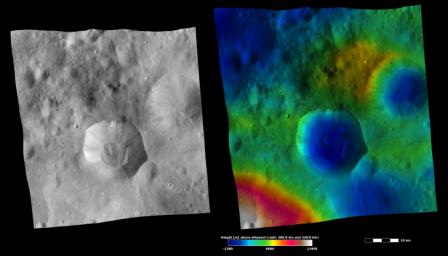 PIA15825: Apparent Brightness and Topography Images of Drusilla Crater