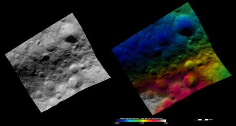 PIA15828: Apparent Brightness and Topography Images of Fabia Crater