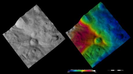 PIA15834: Apparent Brightness and Topography Images of Helena and Laelia Craters
