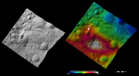 PIA15835: Apparent Brightness and Topography Images of Teia Crater