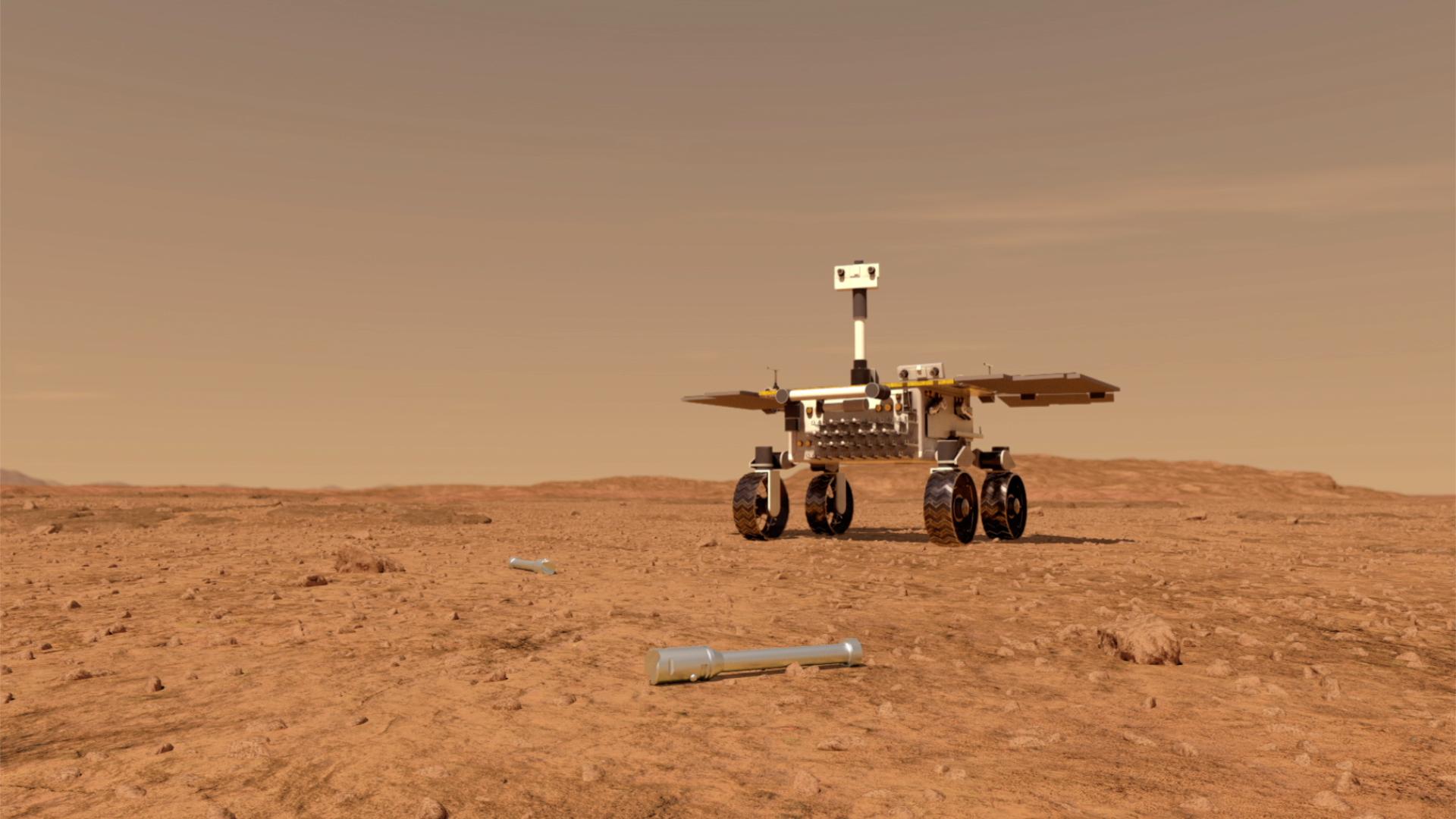 PIA23493: Fetch Rover Approaching Sample Tubes (Artist's Concept)