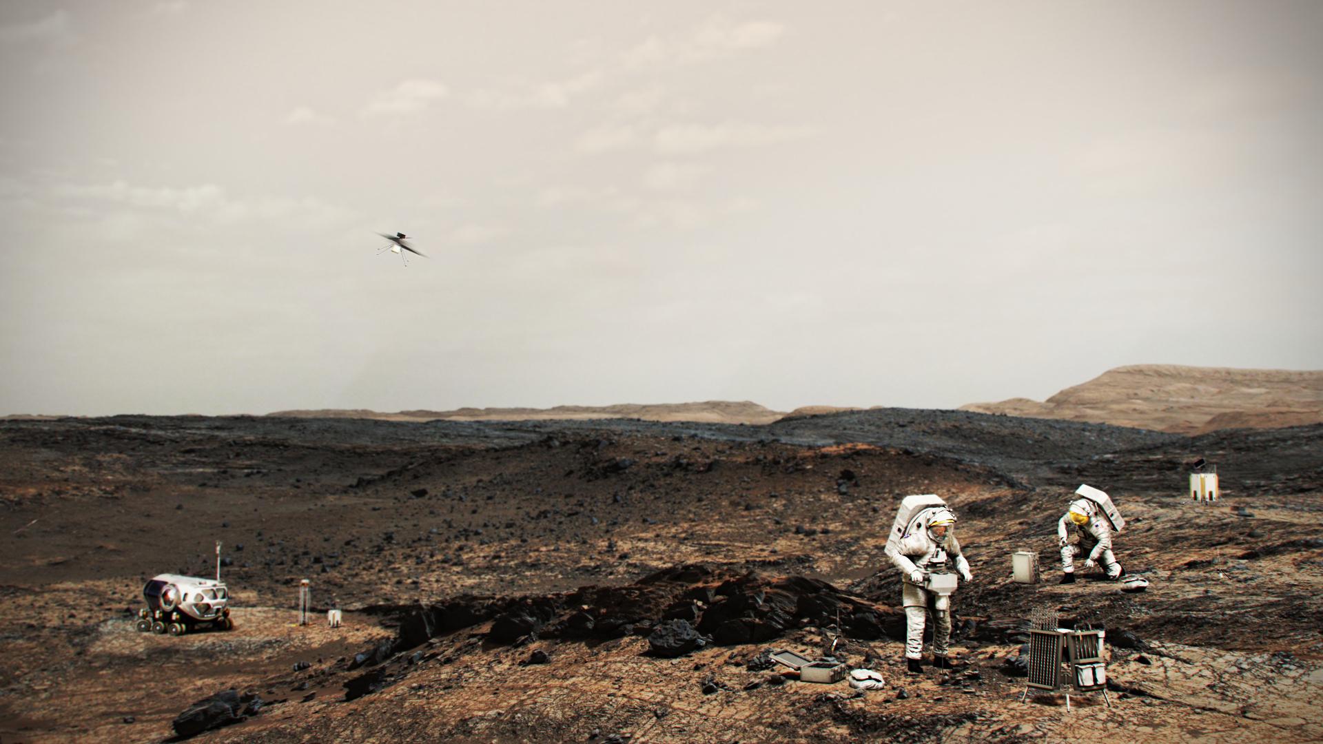 PIA24032: NASA Astronauts on Mars With Helicopter (Illustration)