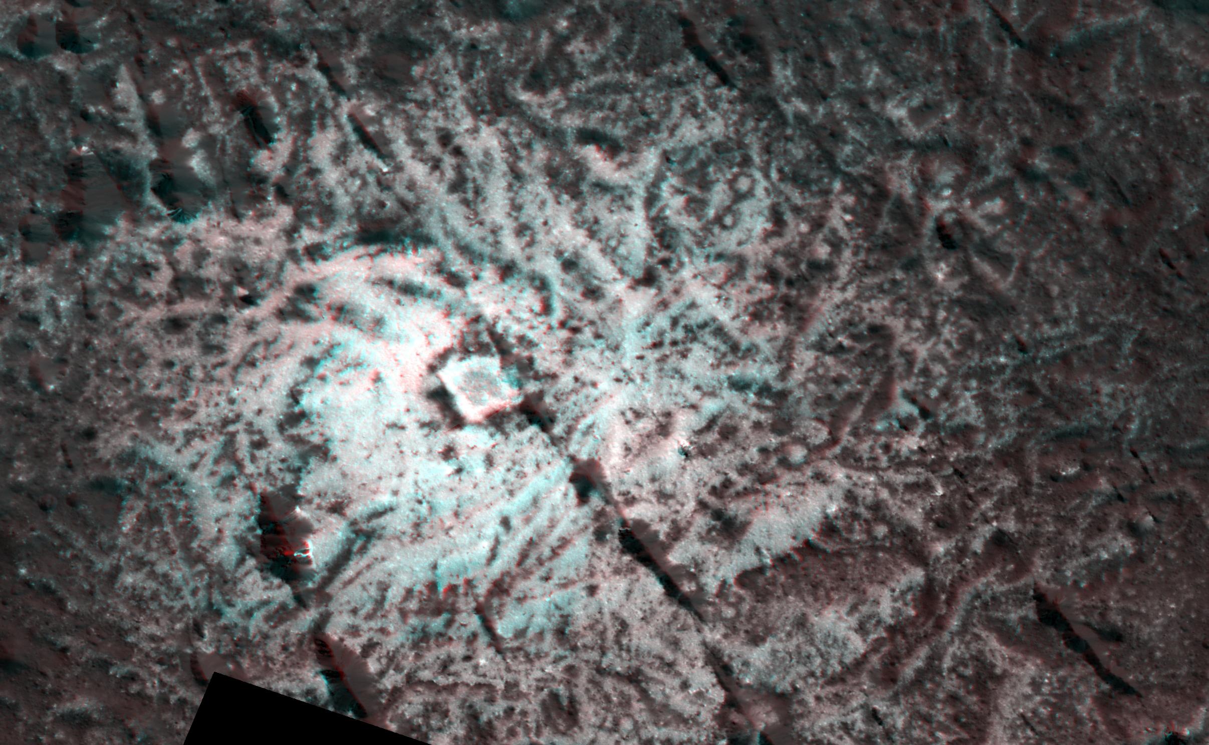 PIA24062: Dawn Stereo Anaglyph of Hydrothermal Pits and Domes in Occator Crater, Ceres