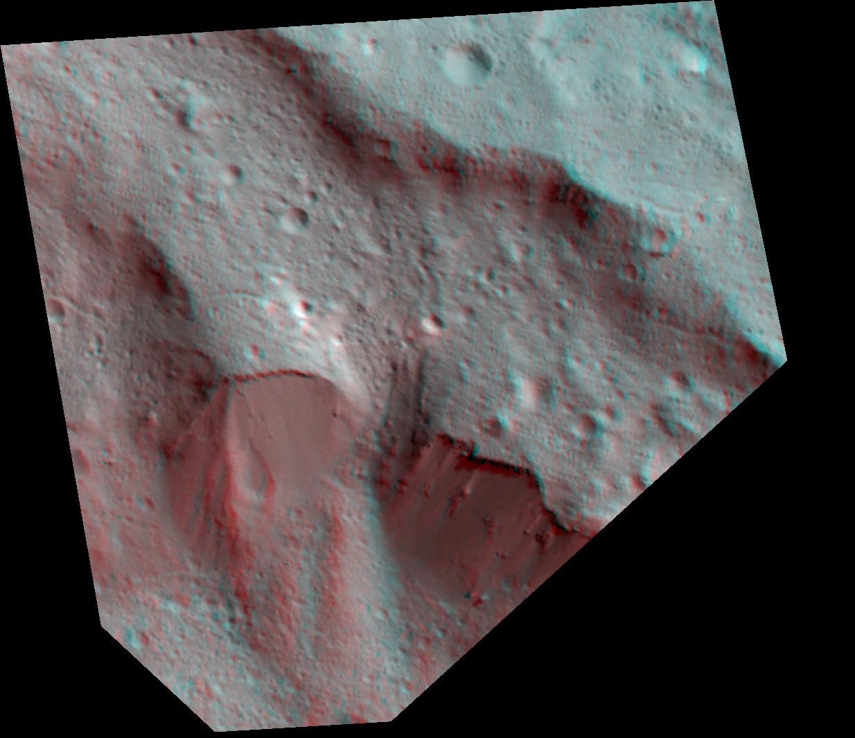 PIA24064: Dawn Stereo Anaglyph of Impact Melt Deposits at Occator Crater, Ceres