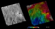 PIA15829: Apparent Brightness and Topography Images of Justina Crater