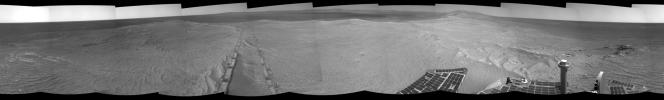 PIA18098: Opportunity's Tracks Near Crater Rim Ridgeline