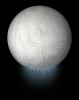 PIA23175: Enceladus Global View with Plume (Artist's Rendering)