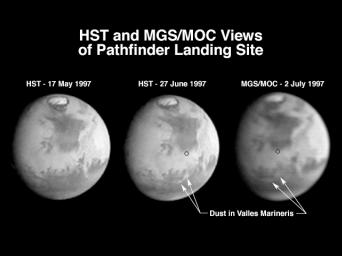 PIA00607: Hubble and Mars Global Surveyor Views of Dust Storm on Mars