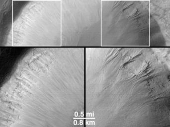 PIA01042: Evidence for Recent Liquid Water on Mars: "Dry" Processes on One Slope; "Wet" Processes on Another