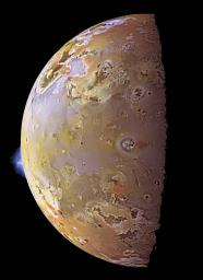 PIA01081: Color Mosaic and Active Volcanic Plumes on Io