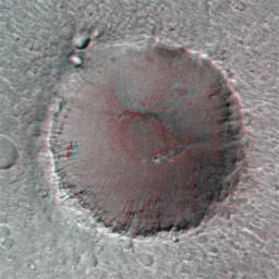 PIA01438: Pathfinder Landing Site Observed by Mars Orbiter Camera - "Big Crater" in Stereo View
