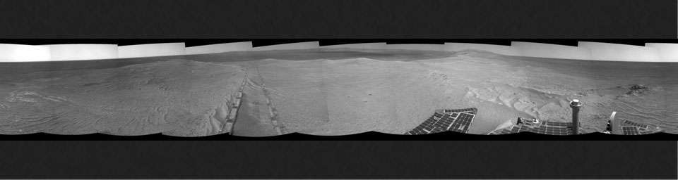 PIA18098: Opportunity's Tracks Near Crater Rim Ridgeline